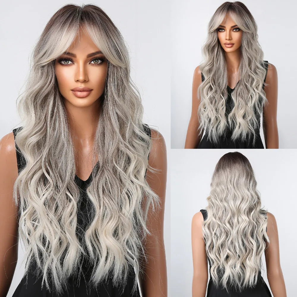 HENRY MARGU Long Natural Wavy Platinum Blonde Wigs with Bangs Cosplay Party Lolita Synthetic Wigs for Women Heat Resistant Fiber