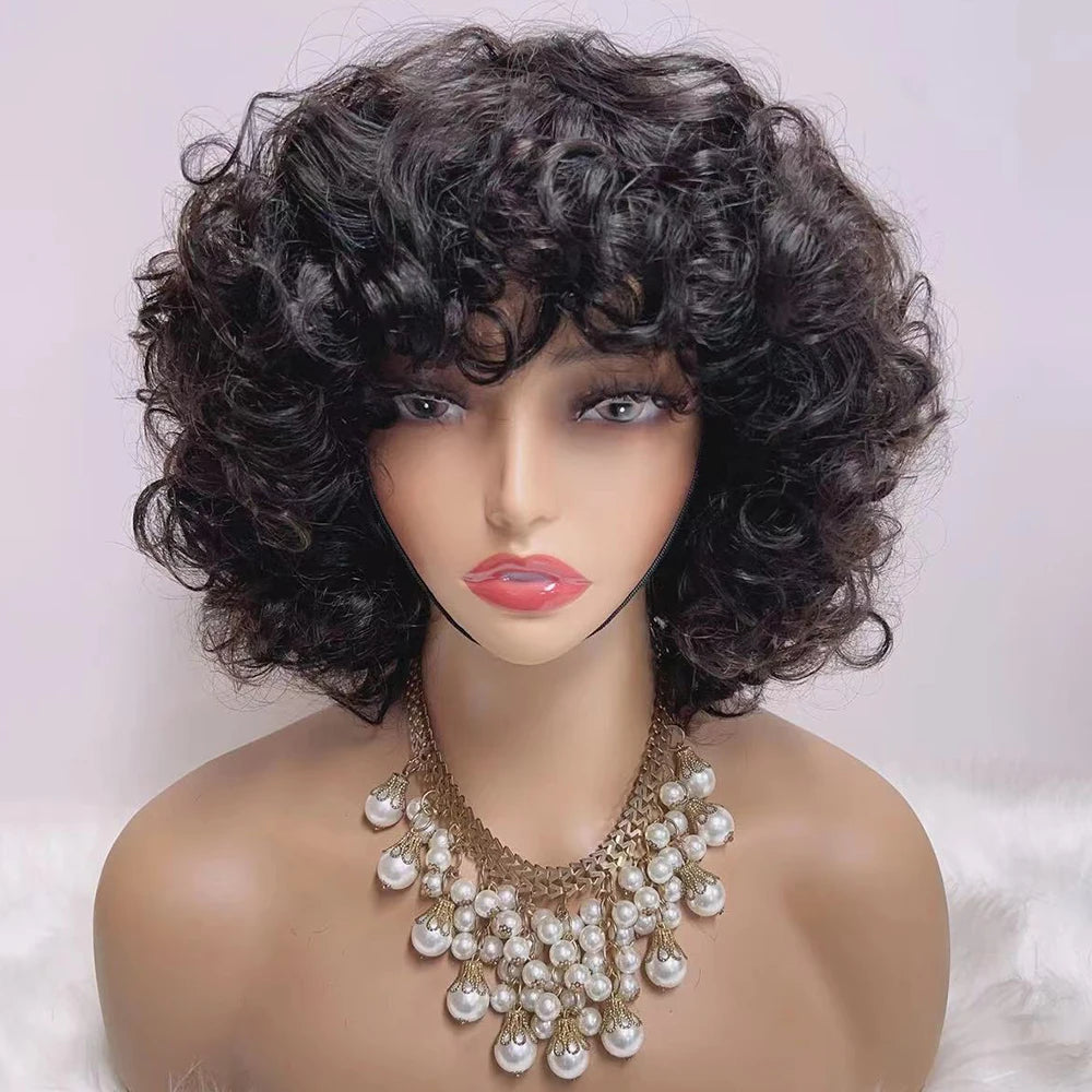 Ready to Wear Funmi Curly Full Machine Made Short Bob Wig with Bangs Glueless Loose Curly Vietnamese Human Hair Wigs for Women
