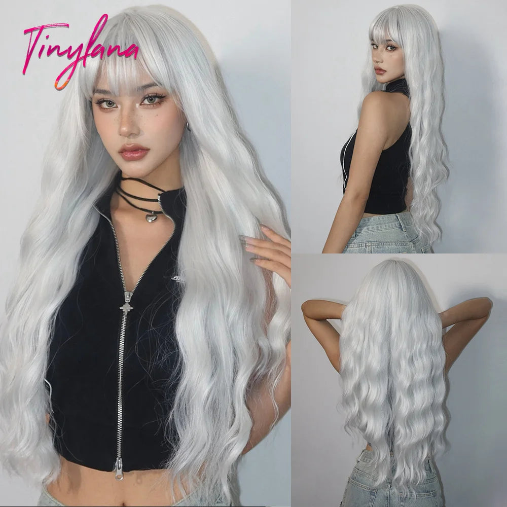 Long Curly White Platinum Synthetic Wigs with Bangs for Women Afro Cosplay Lolita Wavy Wig Natural Hair Heat Reisitant Daily Use
