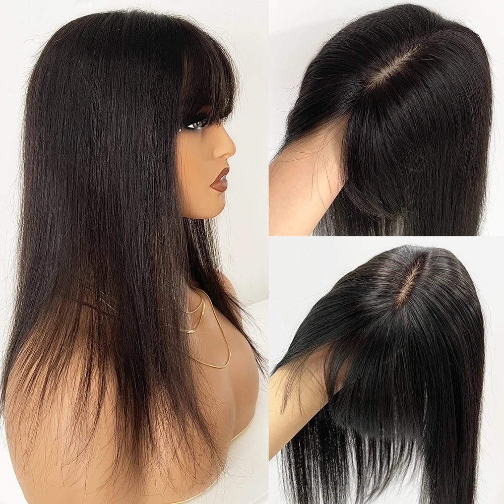 All Sizes Silk Base Virgin Human Hair Toppers with Bangs Full Handmade Silk Top Human Hair Piece Fringe Women Toupee With Clips