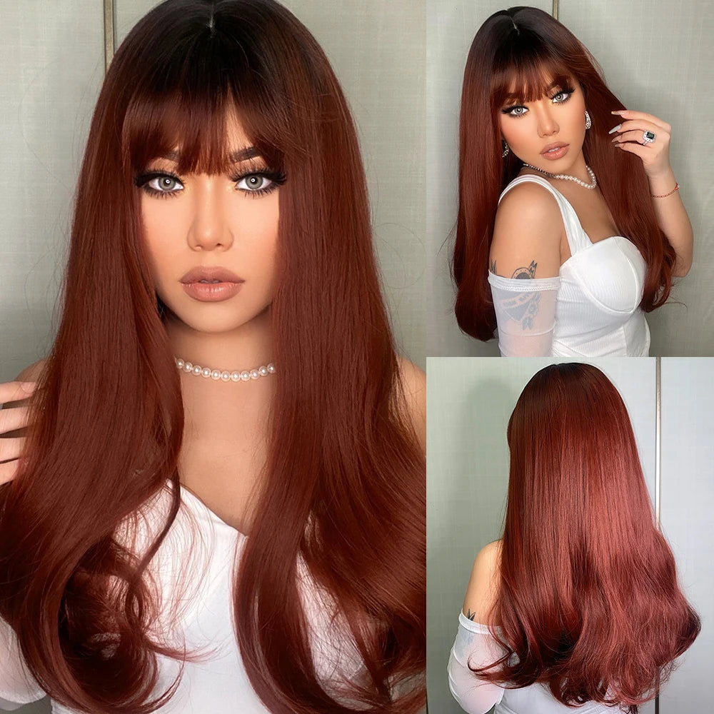 HENRY MARGU Long Wavy Brown Red Orange Wigs with Bangs Cosplay Party Heat Resistant Synthetic Hair Wigs for Black Women Afro