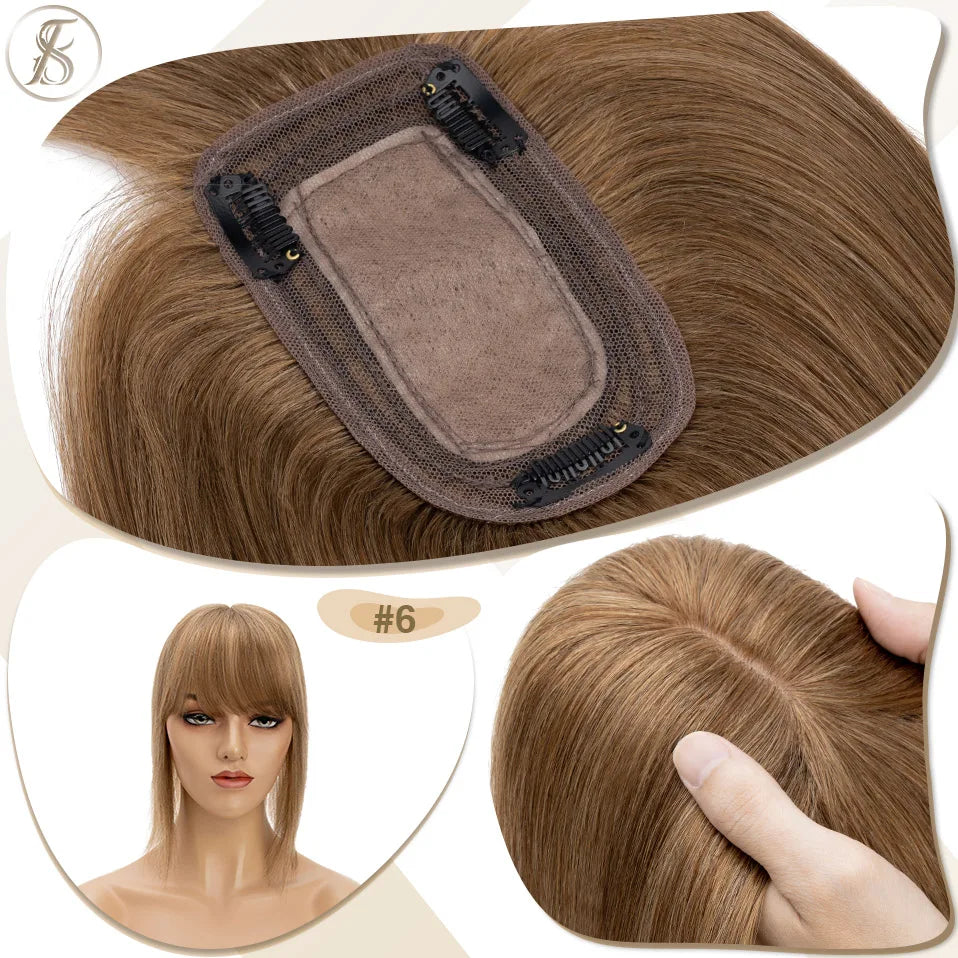 TESS Women Topper 7x12.5cm Hair Toppers With Bangs Hair Clips Natural Hair Wigs 100% Human Hair Silk Base Clip In Hair Extension