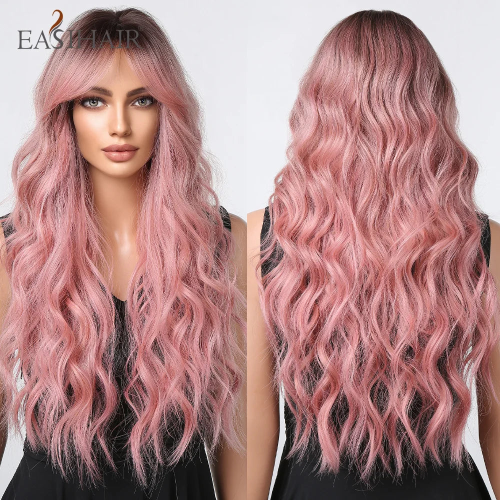 EASIHAIR Brown Black Kinky Curly Wave Synthetic Wigs with Bangs Deep Wave Long Hair Wigs for Women Daily Cosplay Heat Resistant