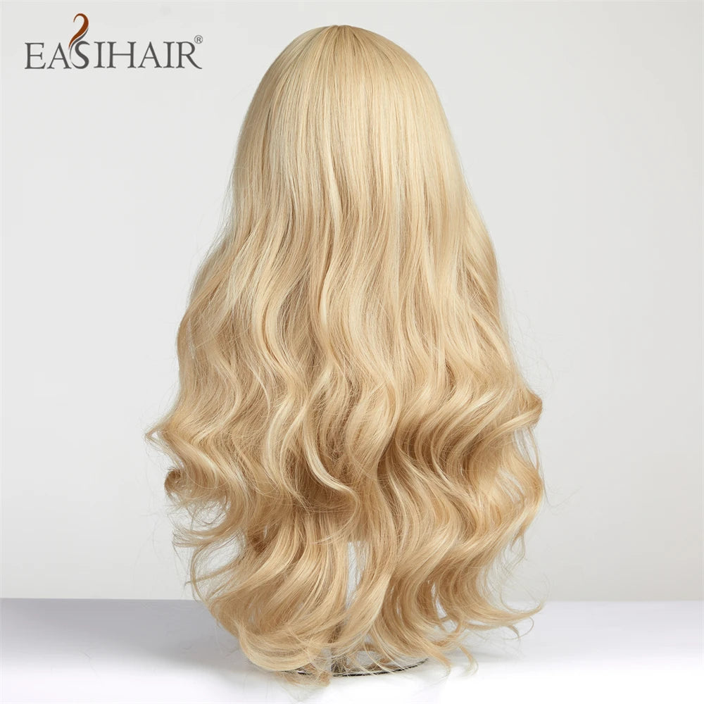 EASIHAIR Sandy Blonde Golden Wavy Synthetic Wigs with Long Bangs Cosplay Lolita Party Hair Wigs for Women Natural Heat Resistant