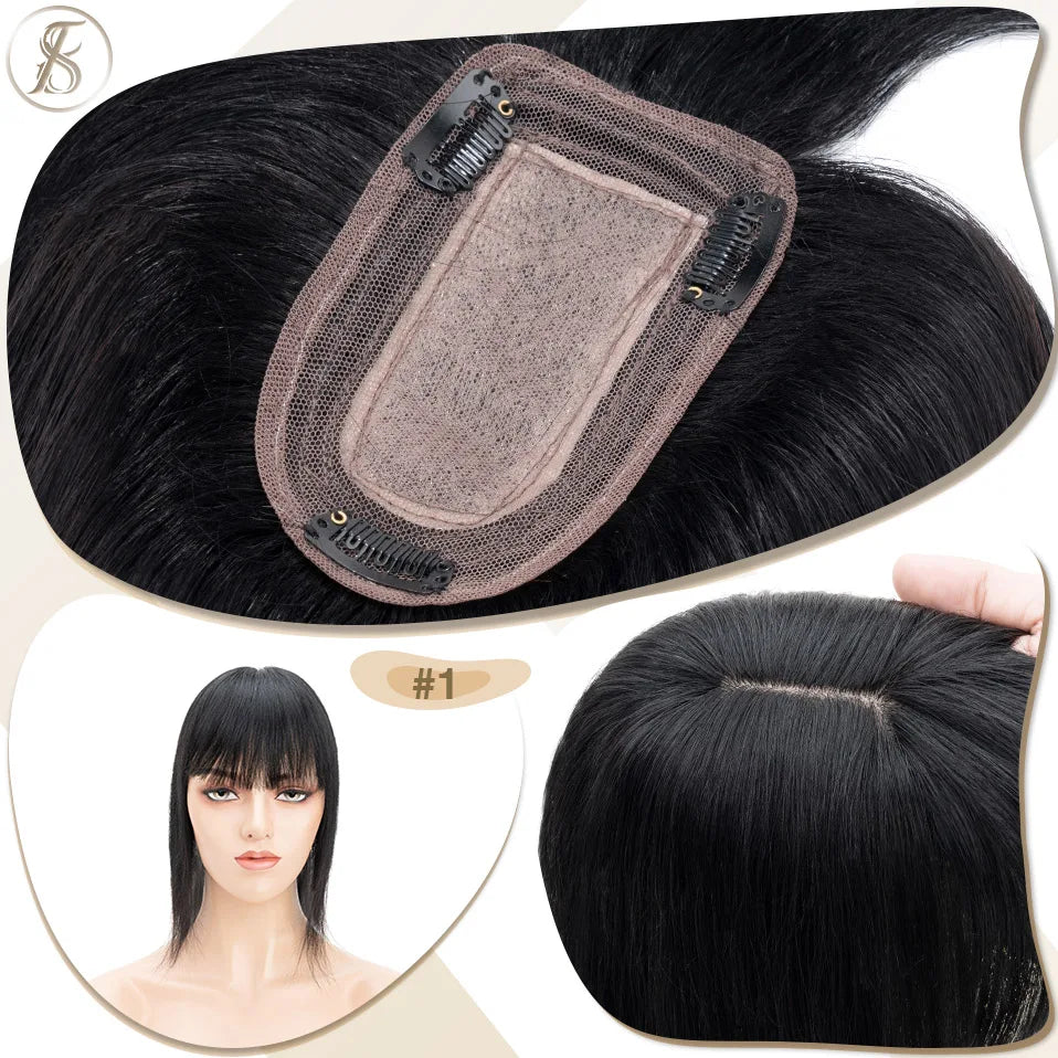 TESS Women Topper 7x12.5cm Hair Toppers With Bangs Hair Clips Natural Hair Wigs 100% Human Hair Silk Base Clip In Hair Extension