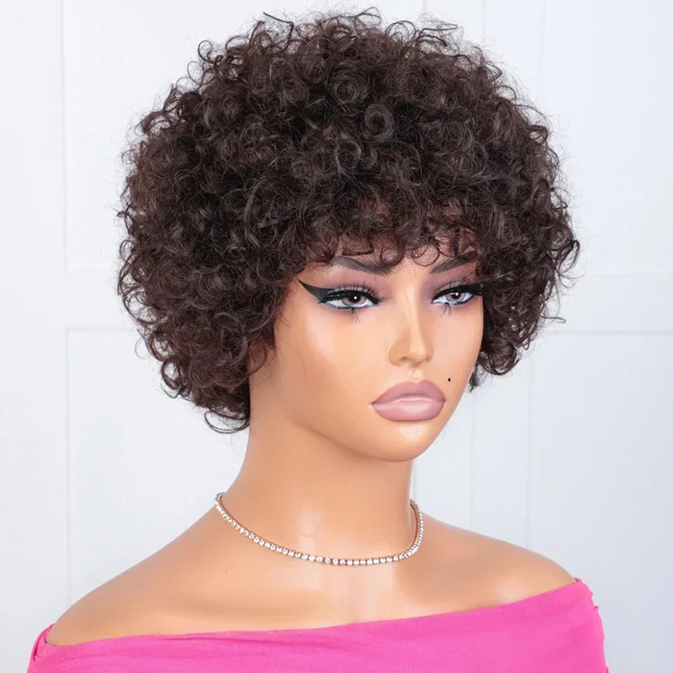 Brazilian Afro Puff Pixie Bob Wig 99J Natural Brown Full Machine Made Pre-Plucked Bangs 100% Human Hair For Black Women