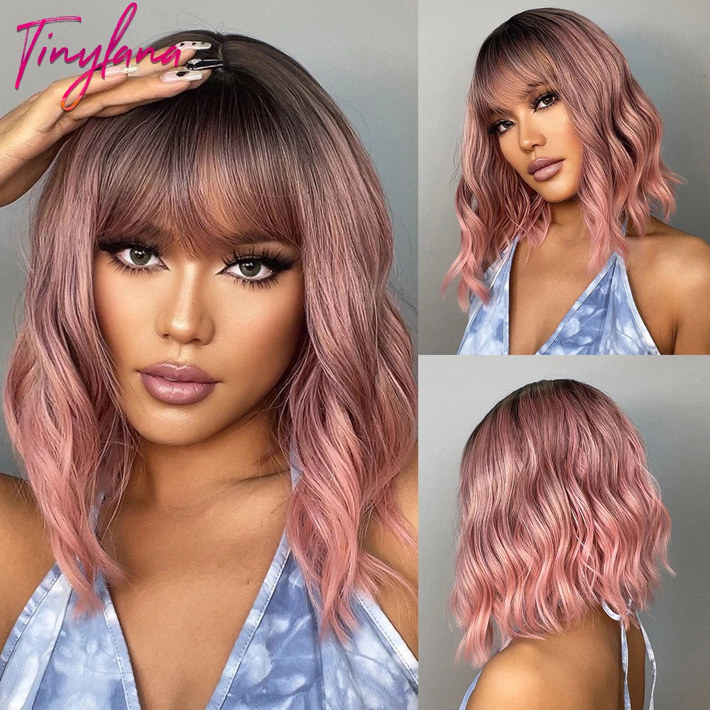 Gray Purple Pink Short Bob Synthetic Wigs with Bangs Curly Cosplay Ombre Wig for Women Afro Natural Wave Heat Resistant Hair