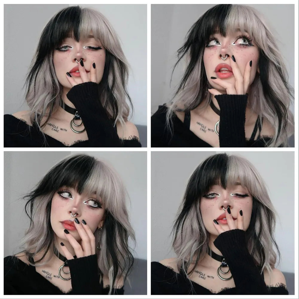 HENRY MARGU Short Half Black And Half White Wig Curly Wavy Shoulder Length Synthetic Hair Cosplay Wig with Bangs for Halloween