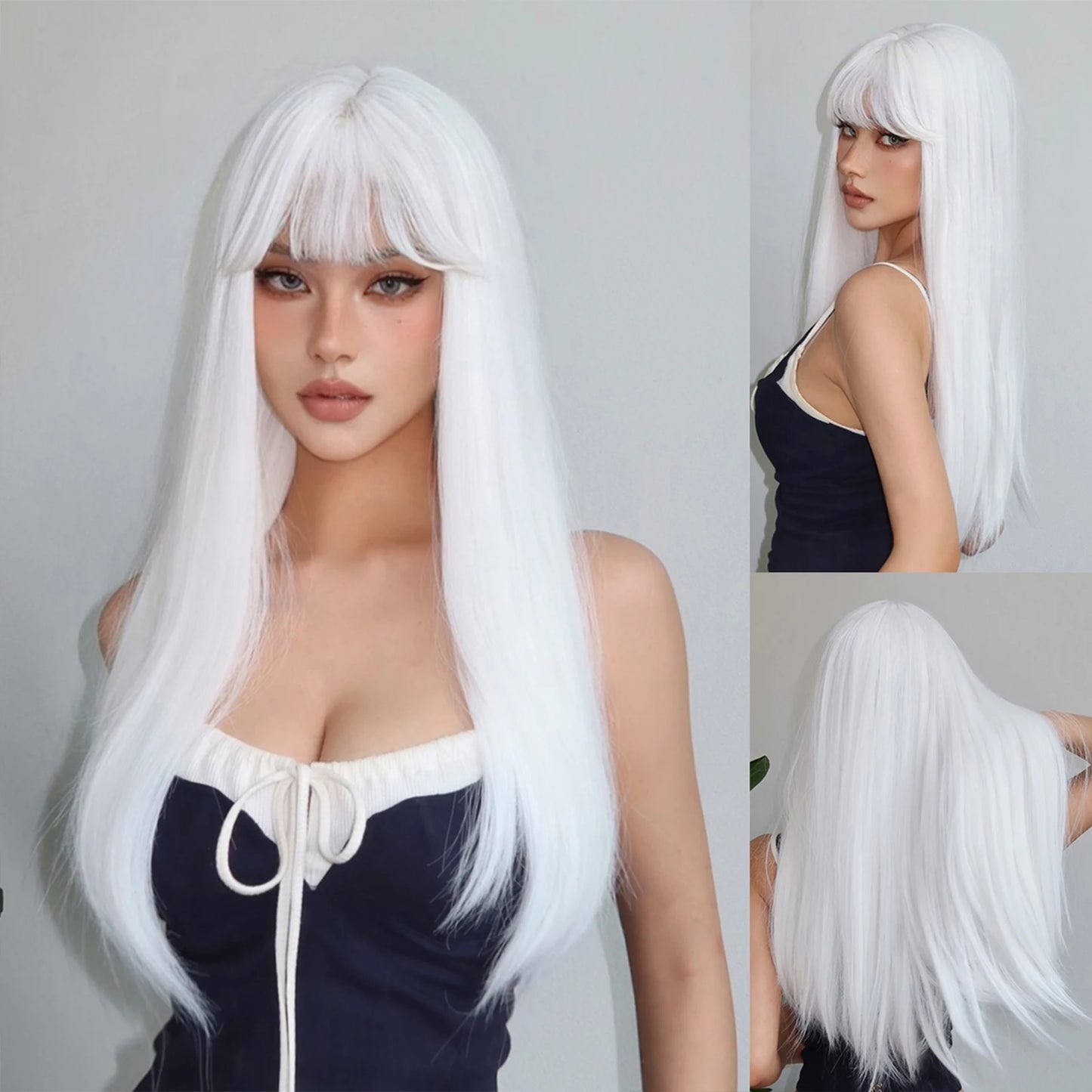 Long Straight Pink Mixed White Synthetic Wigs with Bangs Halloween Cosplay Colorful Wigs for Women Natural Hair Heat Resistant
