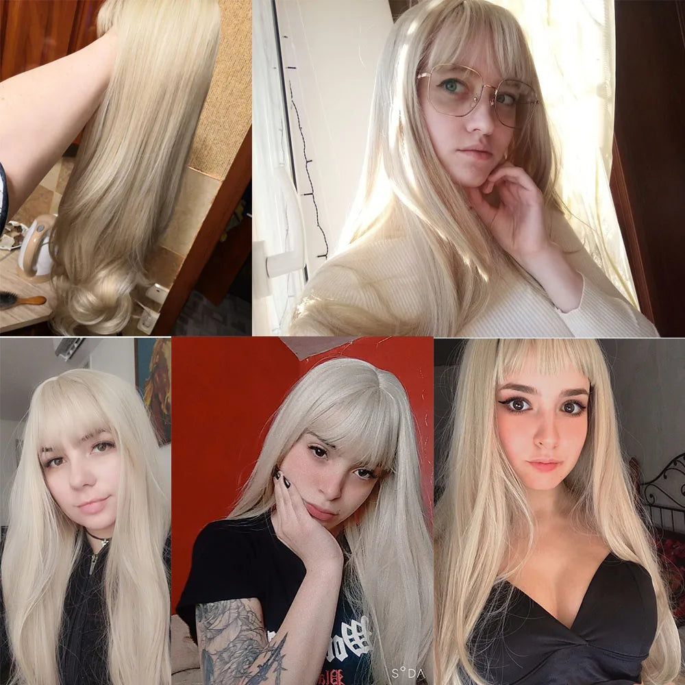 HENRY MARGU Long Natural Wavy Platinum Blonde Wigs with Bangs Cosplay Party Lolita Synthetic Wigs for Women Heat Resistant Fiber