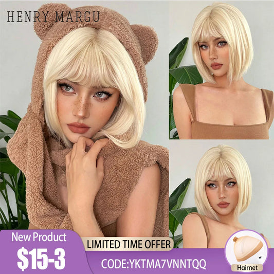 HENRY MARGU Ombre White Blonde Bob Synthetic Wig Short Straight with Bangs Natural Hair Wig for Women Cosplay Wig Heat Resistant