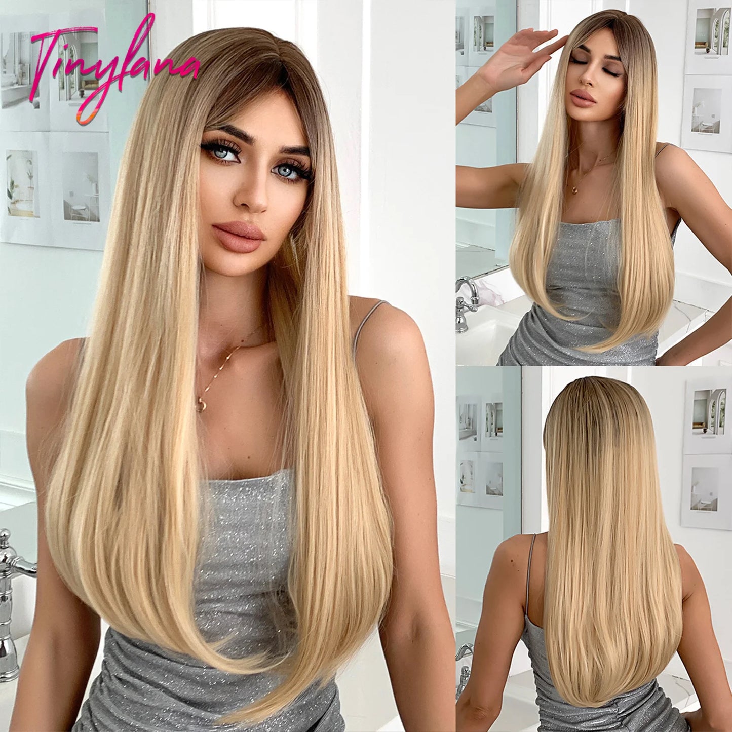 Ombre Gray Brown Synthetic Wigs Long Straight Ash Cosplay Wig with Bangs for Women Afro Natural Party Daily Heat Resistant Hair