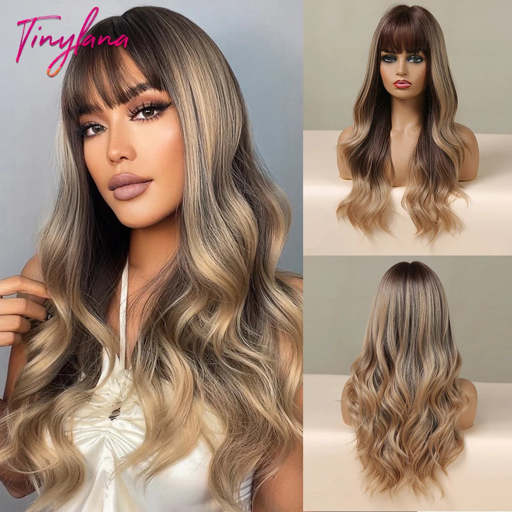 Pink Red Long Curly Wavy Synthetic Wigs Lolita Cosplay Hair With Bangs for Women Natural Water Wave Party Heat Resistant Wig