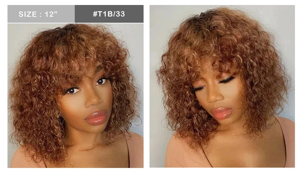 Jerry Curly Short Bob Human Hair Wigs With Bangs Wear To Go Glueless Wig Ombre 99J Water Wave Blonde Colored Wig For Women