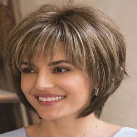 Women's Fashion Wig Natural Brown Short Bob Hair Wig with Side Bangs Daily Party Wigs for Women Female Heat Resistant Fake Hair