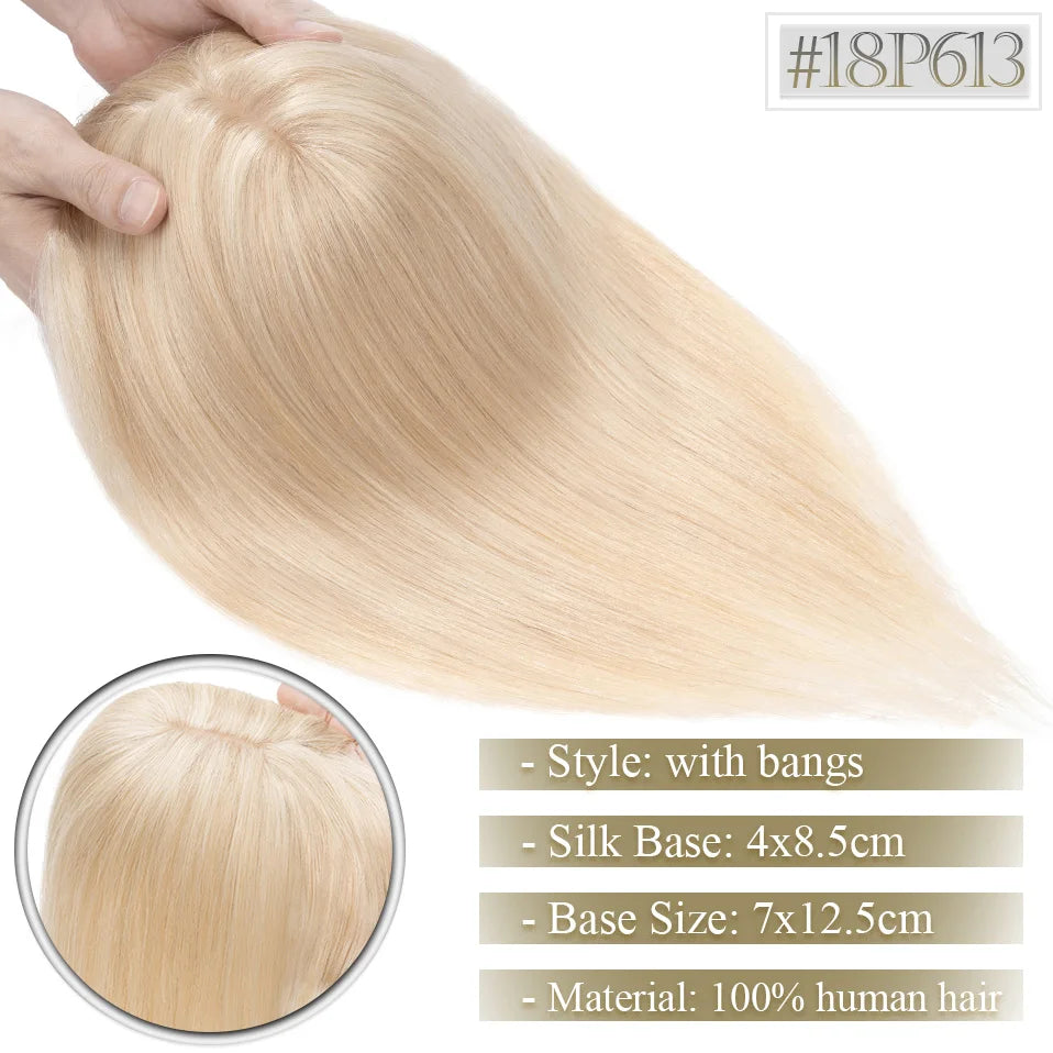 TESS Women Topper 7x12.5cm Hair Toppers With Bangs Natural Hair Wig Human Hair Silk Base Center Part Hair Clip In Hair Extension