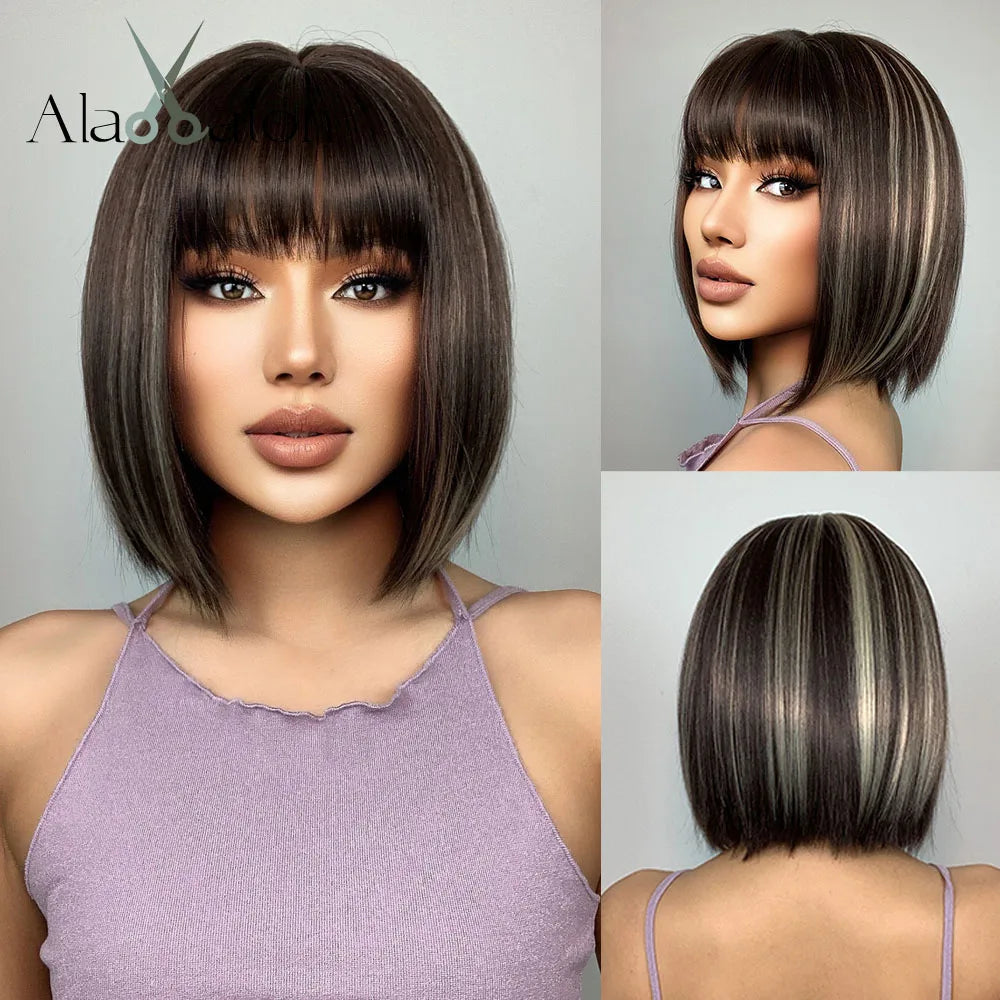 ALAN EATON Short Straight Ombre Brown Blonde Bob Wig With Bangs Synthetic Hair Wig for Women Cosplay Lolita Heat Resistant Fiber