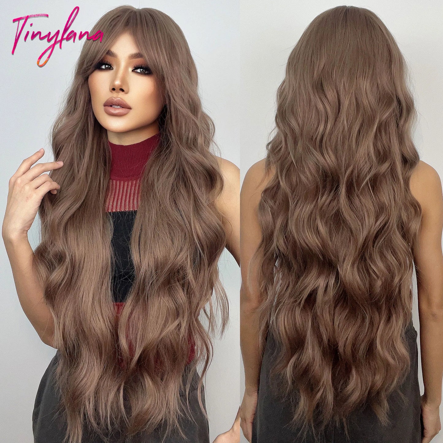 Long Wavy Gray Ash Brown Blonde Ombre Synthetic Wigs with Bangs Cosplay Natural Curly Hair Wig for Women Afro Heat Resistant