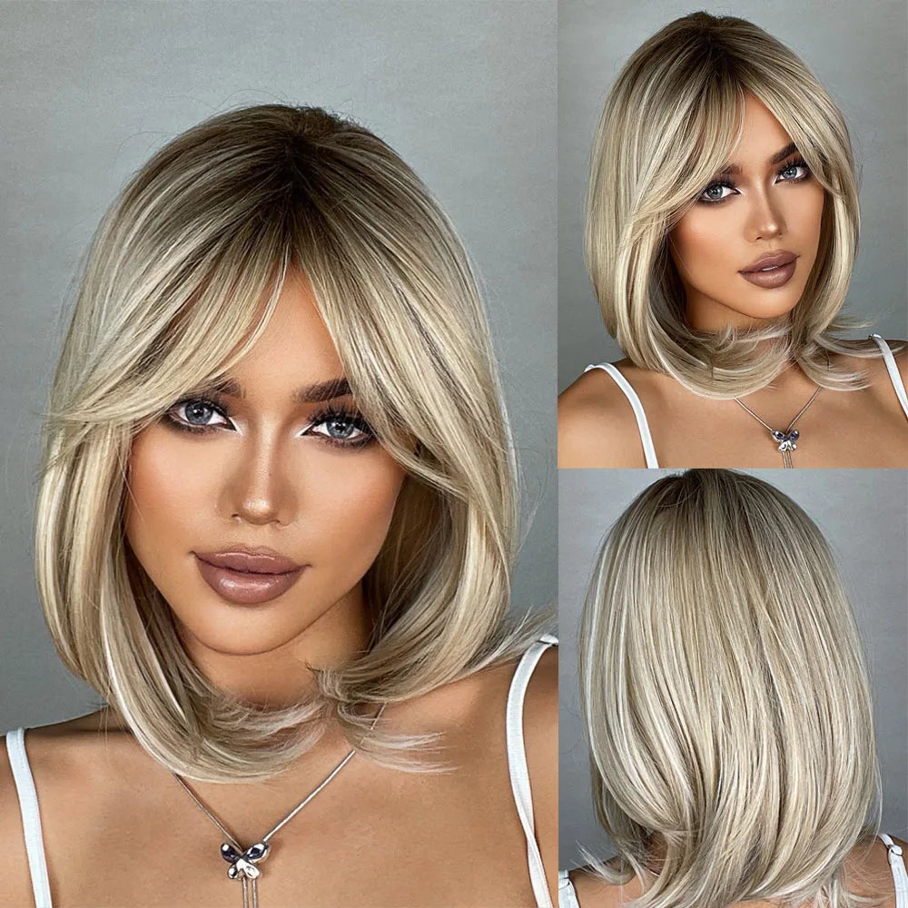 HENRY MARGU Brown Short Bob Straight Wigs with Pink Highlight Women Brown Daily Wig Synthetic Hair Wig with Bangs Heat Resistant