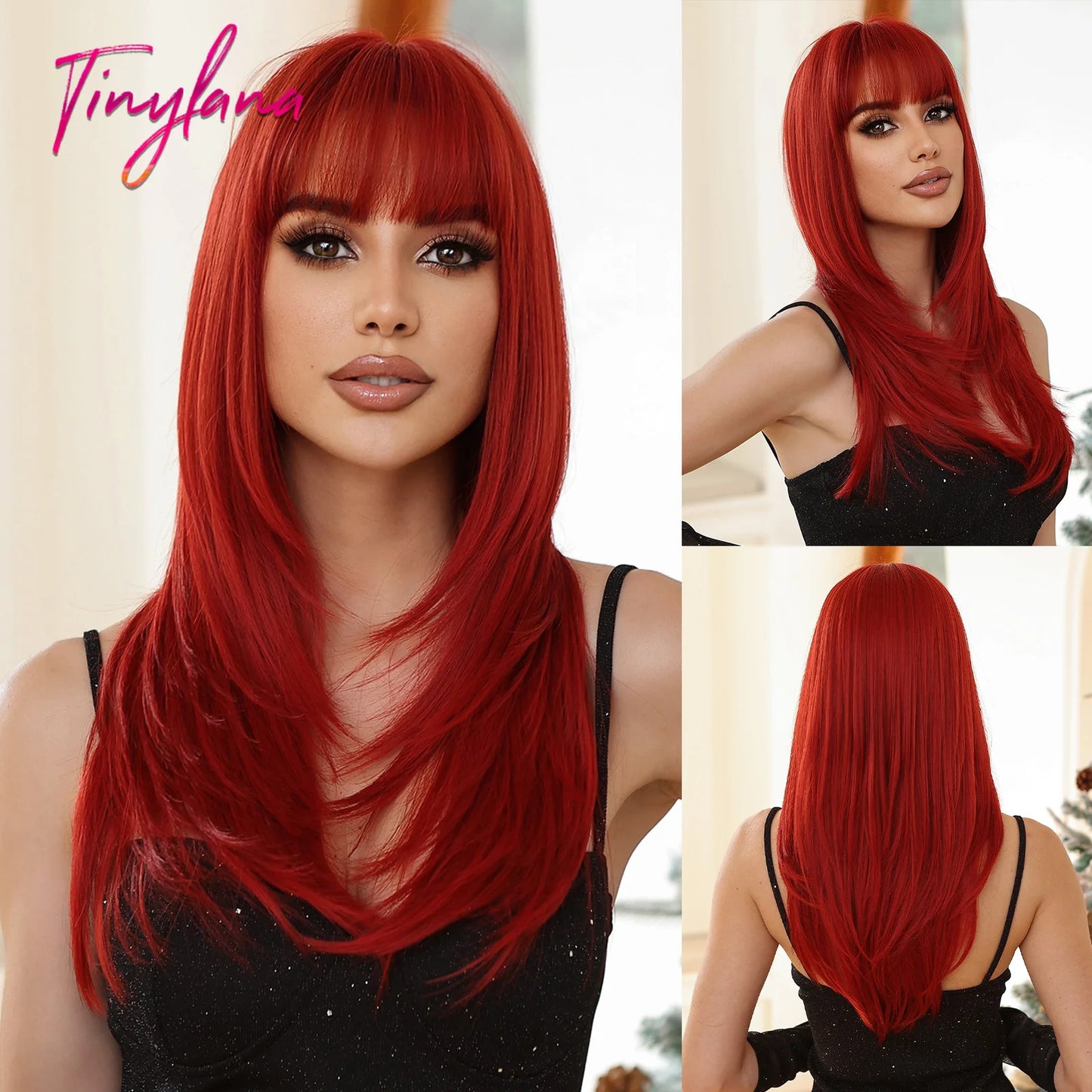 Long Straight Black Purple Synthetic Wig with Bangs Purple Ombre Cosplay Layered Wig for Women Party Heat Resistant Natural Hair