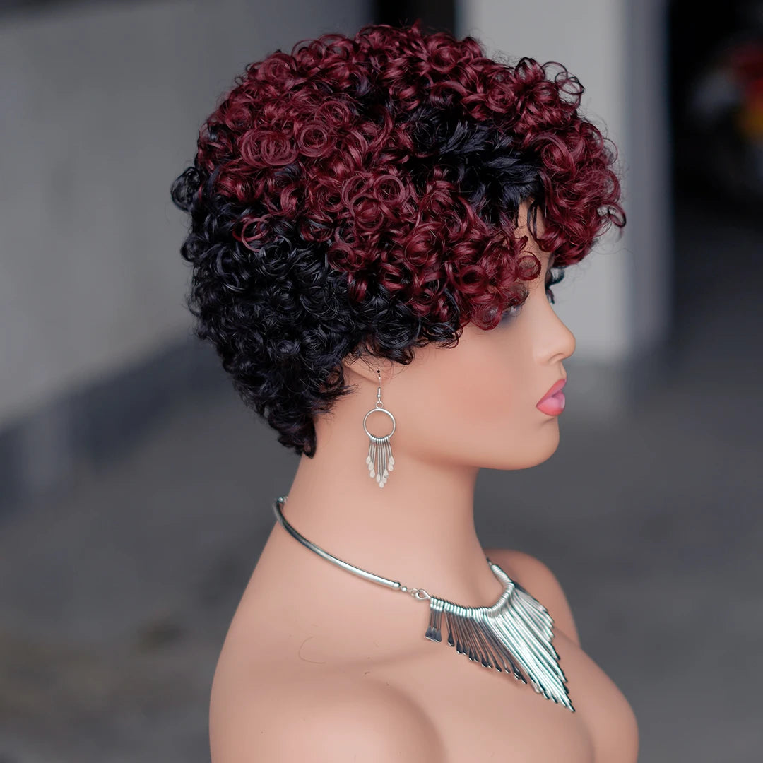 6inch Short Curly Wigs T1B/99J None Lace Front Human Hair Wigs with Bangs 180% Density Machine Made Pixie Cut Curly Wave Wig