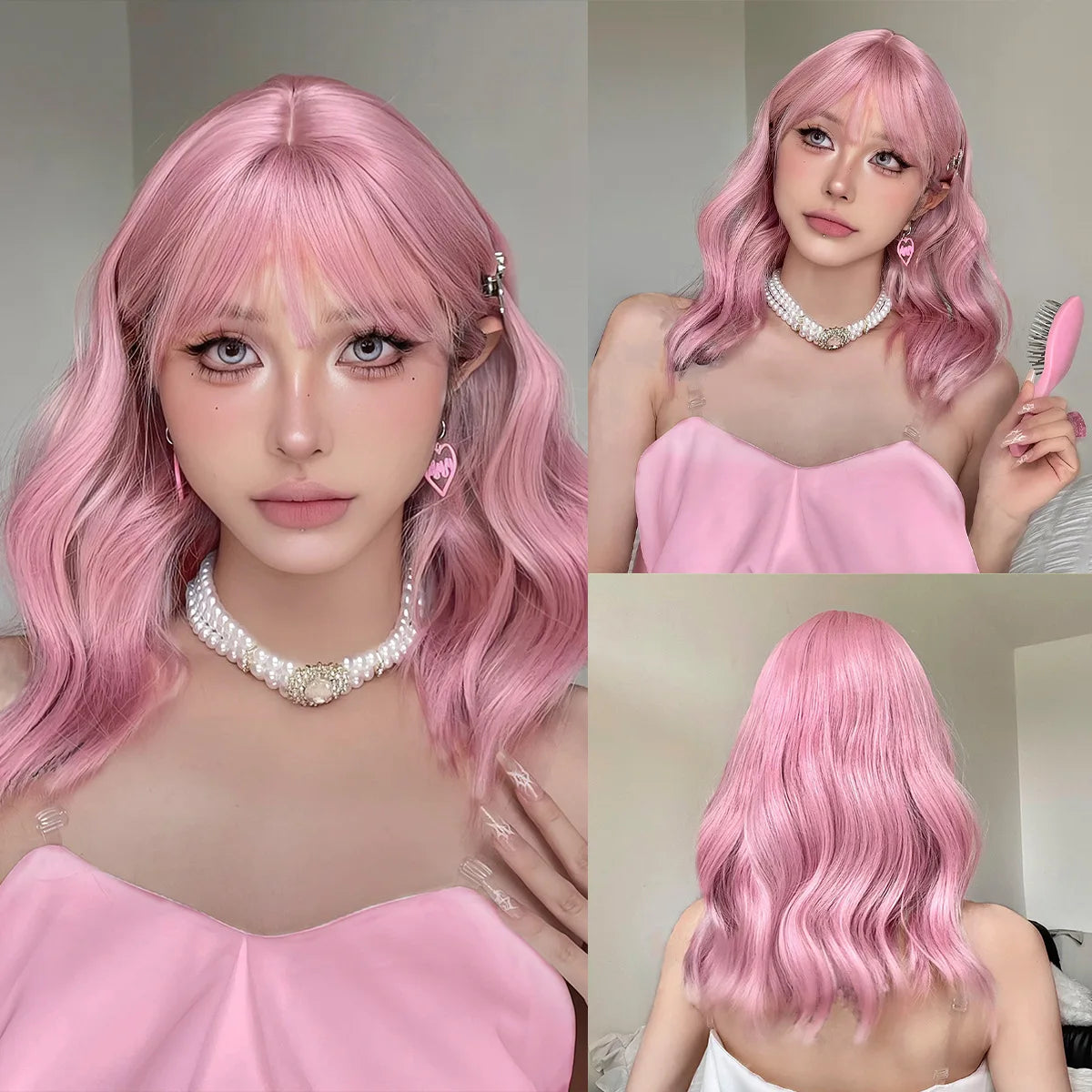 LOUIS FERRE Short Light Pink Bob Wigs With Bangs Natural Synthetic Wigs for Women Daily Cosplay Hair Heat Resistant Fibre Wig