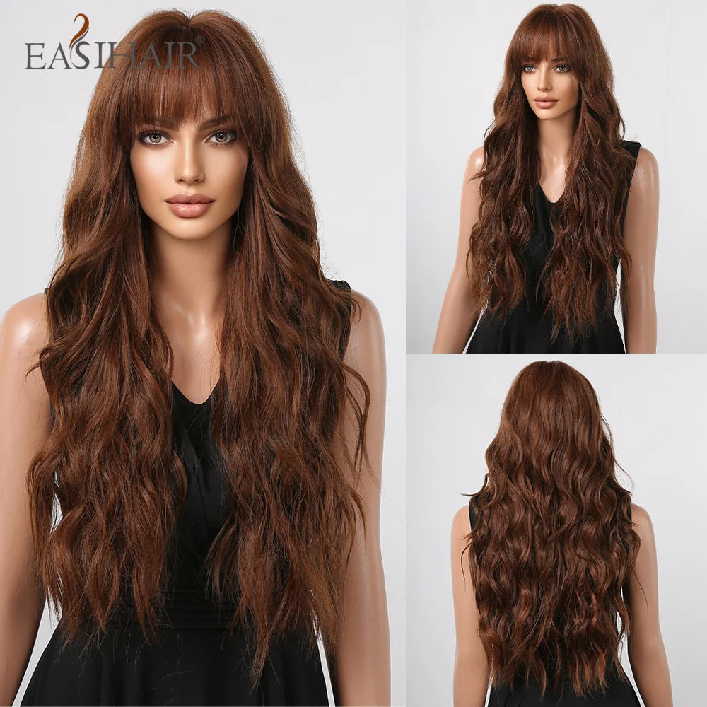 EASIHAIR Brown Black Kinky Curly Wave Synthetic Wigs with Bangs Deep Wave Long Hair Wigs for Women Daily Cosplay Heat Resistant