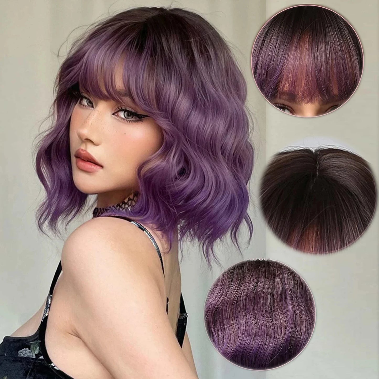 Gray Purple Pink Short Bob Synthetic Wigs with Bangs Curly Cosplay Ombre Wig for Women Afro Natural Wave Heat Resistant Hair