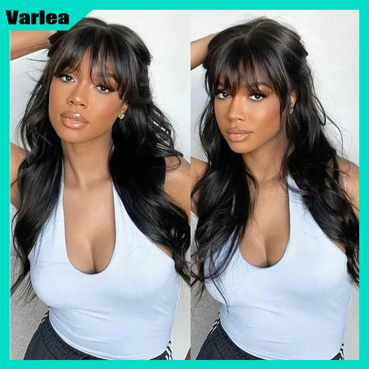 Varlea 200% Density Body Wave Human Hair Wigs Full Woven With Bangs Wig No Lace Wig Loose Body Wave Short Bob Human Hair Wigs