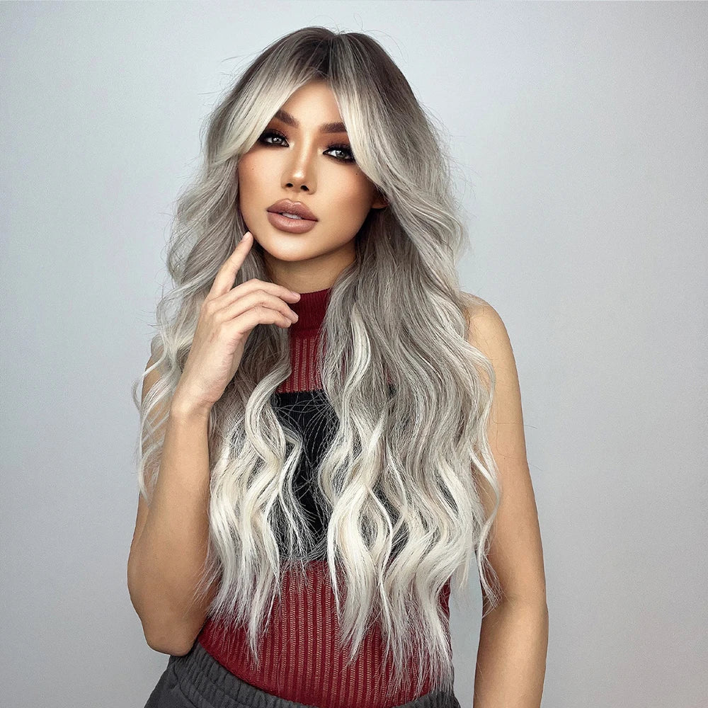 Long Wavy Gray Ash Brown Blonde Ombre Synthetic Wigs with Bangs Cosplay Natural Curly Hair Wig for Women Afro Heat Resistant