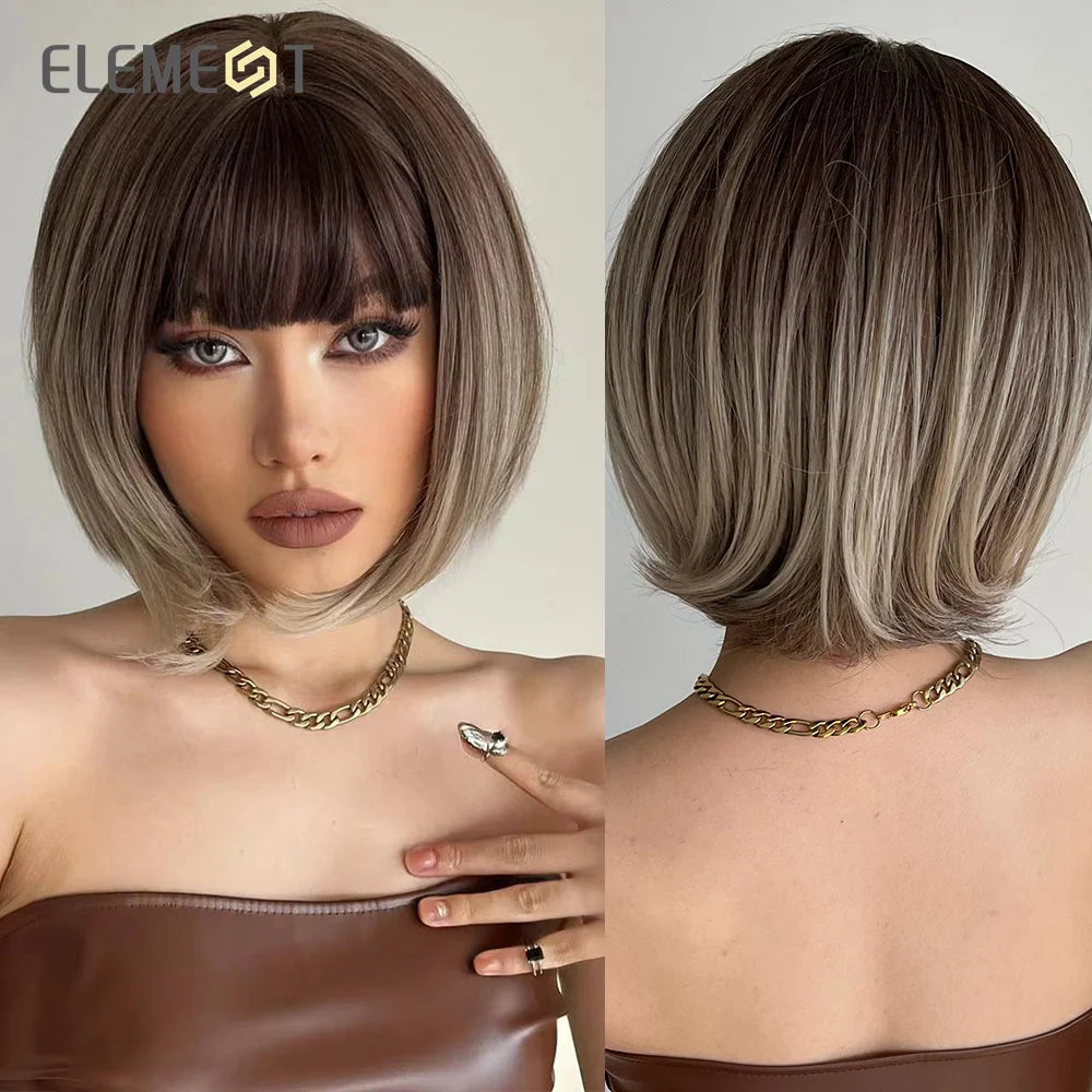ELEMENT Synthetic Short Straight Wig Black Ombre Blonde Bob Wigs with Bangs for Women Cosplay Party Daily Hair Headband