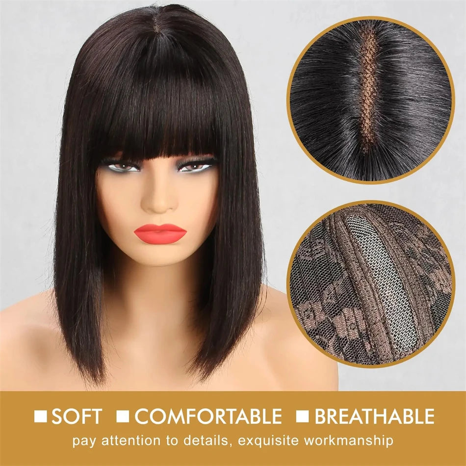 3X1 Middle Part Lace Wig Bone Straight Human Hair Wig With Bangs Brazilian Full Machine Made 100% Human Hair Wigs For Women