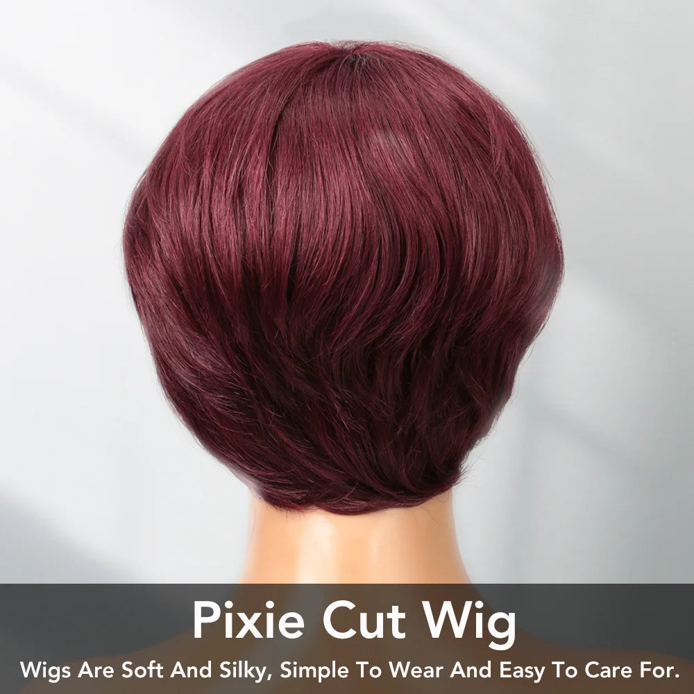 Burgundy Pixie Cut Wig Human Hair Wigs Human Hair Wig with Bangs Natural Short 99J Wig Layered Wavy Different Style Short Wigs