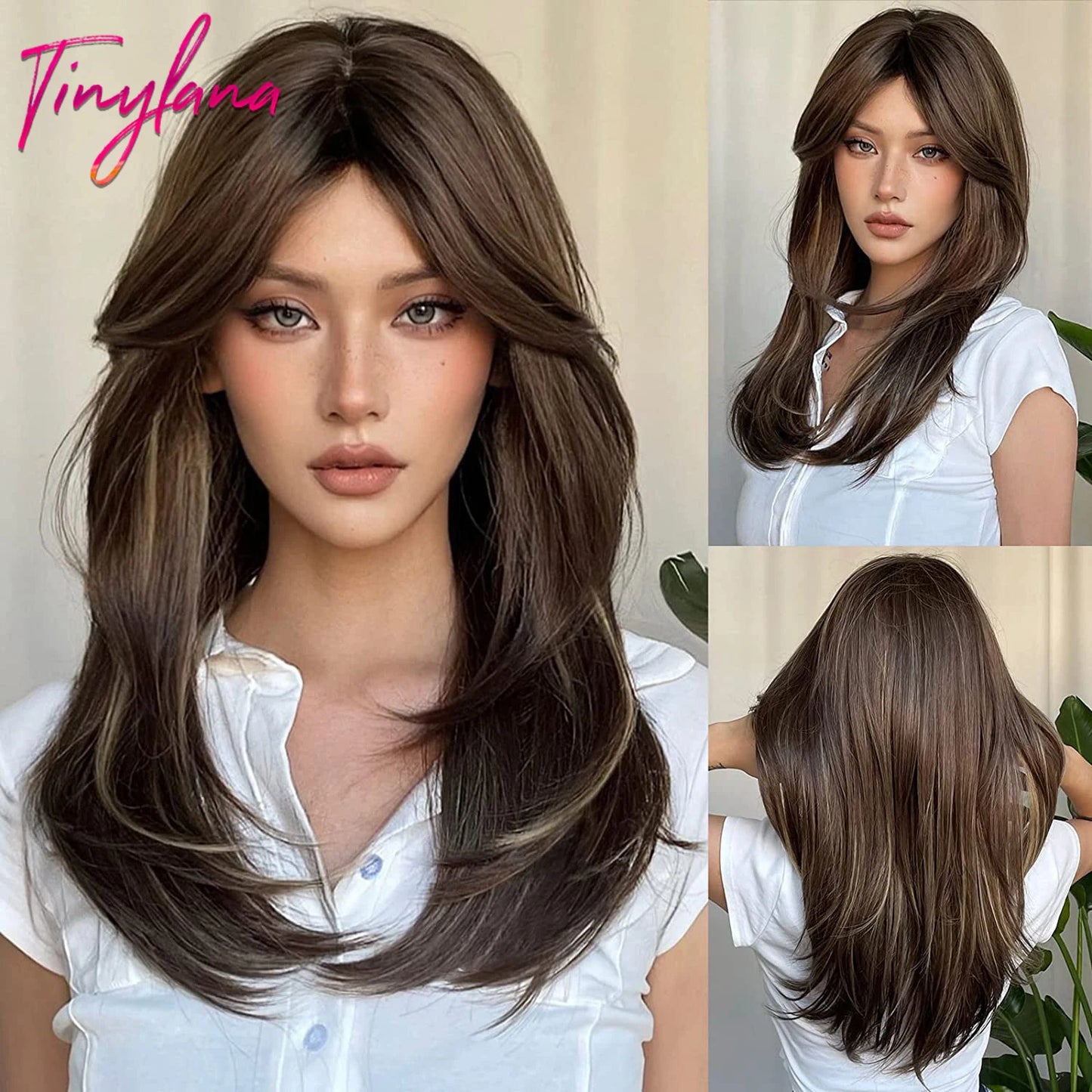 Long Brown Blonde Straight Synthetic Wig with Bangs Brown Ombre Cosplay Layered Wigs for Women Party Heat Resistant Natural Hair
