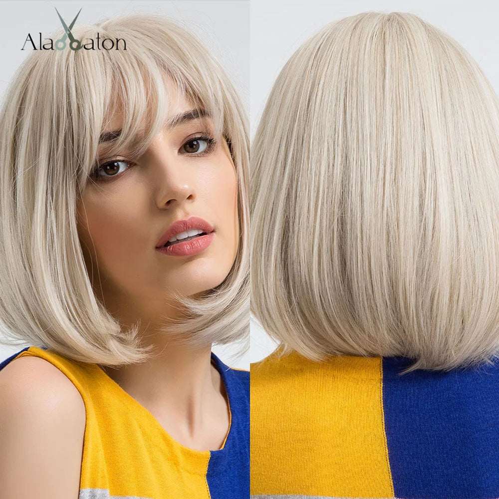 ALAN EATON Short Straight Ombre Brown Blonde Bob Wig With Bangs Synthetic Hair Wig for Women Cosplay Lolita Heat Resistant Fiber