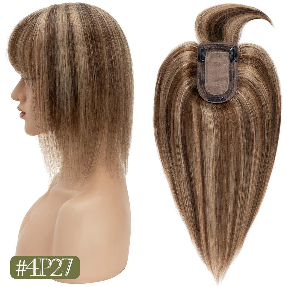 TESS Women Topper 7x12.5cm Hair Toppers With Bangs Natural Hair Wig Human Hair Silk Base Center Part Hair Clip In Hair Extension