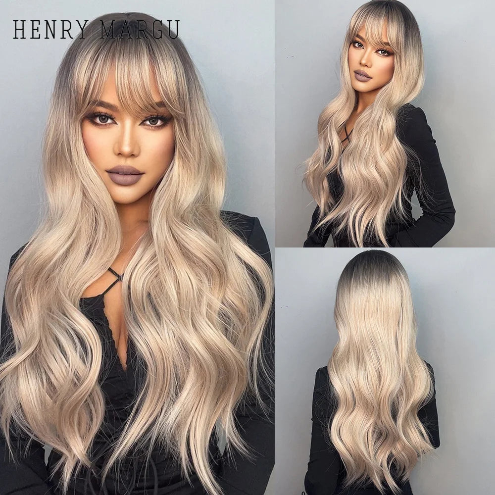 HENRY MARGU Long Wavy Brown Red Orange Wigs with Bangs Cosplay Party Heat Resistant Synthetic Hair Wigs for Black Women Afro