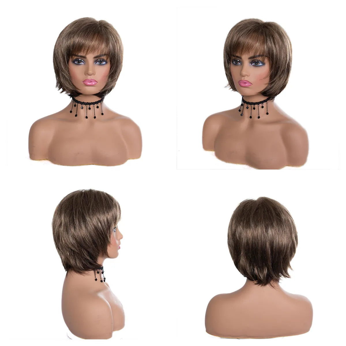 Women's Fashion Wig Natural Brown Short Bob Hair Wig with Side Bangs Daily Party Wigs for Women Female Heat Resistant Fake Hair