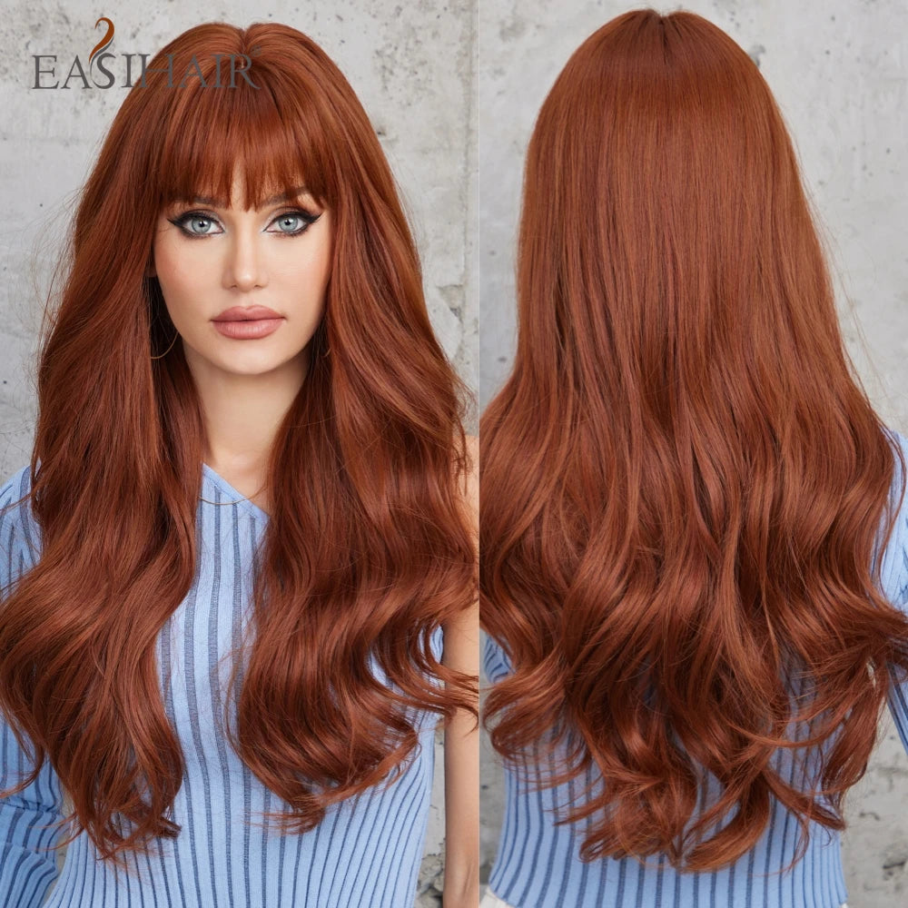 Dark Brown Synthetic Wigs with Bangs Long Curly Wavy Brown Wigs with Blonde Highlights for Afro Women Daily Party Heat Resistant