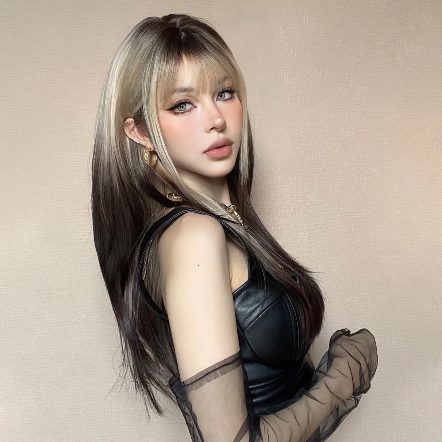 Long Brown Blonde Straight Synthetic Wig with Bangs Brown Ombre Cosplay Layered Wigs for Women Party Heat Resistant Natural Hair