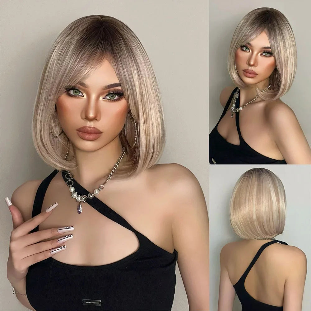 HENRY MARGU Ombre White Blonde Bob Synthetic Wig Short Straight with Bangs Natural Hair Wig for Women Cosplay Wig Heat Resistant