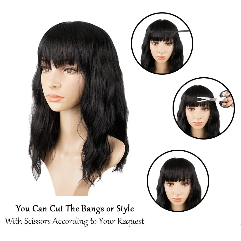 Natural Brown Synthetic Curly Wavy Bob Wig with Bangs for Women