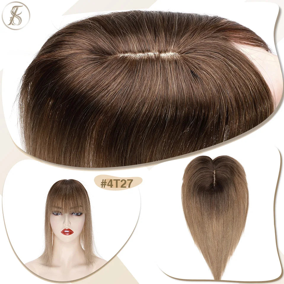 TESS Women Topper 7x12.5cm Hair Toppers With Bangs Hair Clips Natural Hair Wigs 100% Human Hair Silk Base Clip In Hair Extension