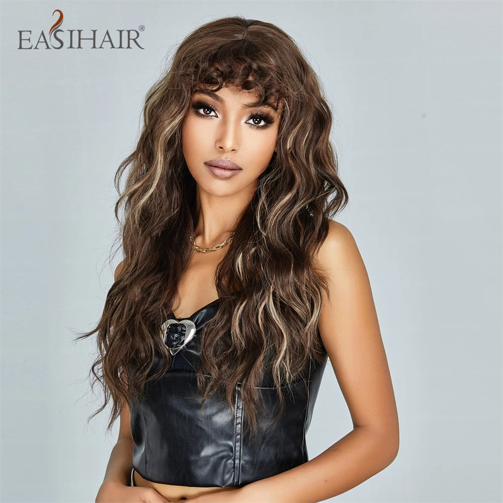 EASIHAIR Brown Black Kinky Curly Wave Synthetic Wigs with Bangs Deep Wave Long Hair Wigs for Women Daily Cosplay Heat Resistant