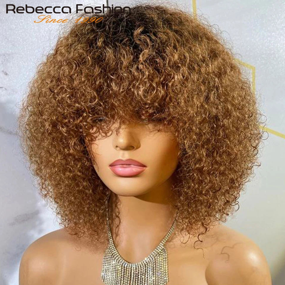 Jerry Curly Short Bob Human Hair Wigs With Bangs Wear To Go Glueless Wig Ombre 99J Water Wave Blonde Colored Wig For Women