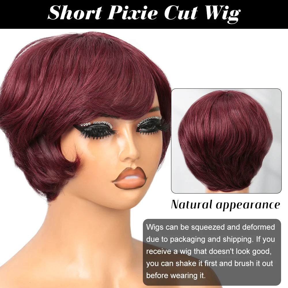 Burgundy Pixie Cut Wig Human Hair Wigs Human Hair Wig with Bangs Natural Short 99J Wig Layered Wavy Different Style Short Wigs