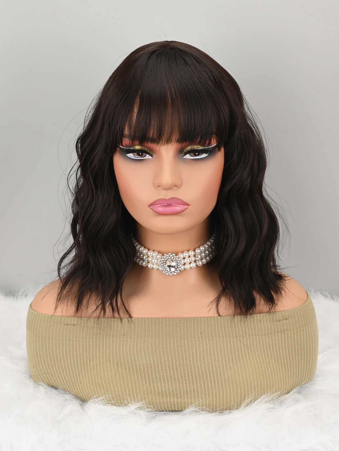 Natural Brown Synthetic Curly Wavy Bob Wig with Bangs for Women