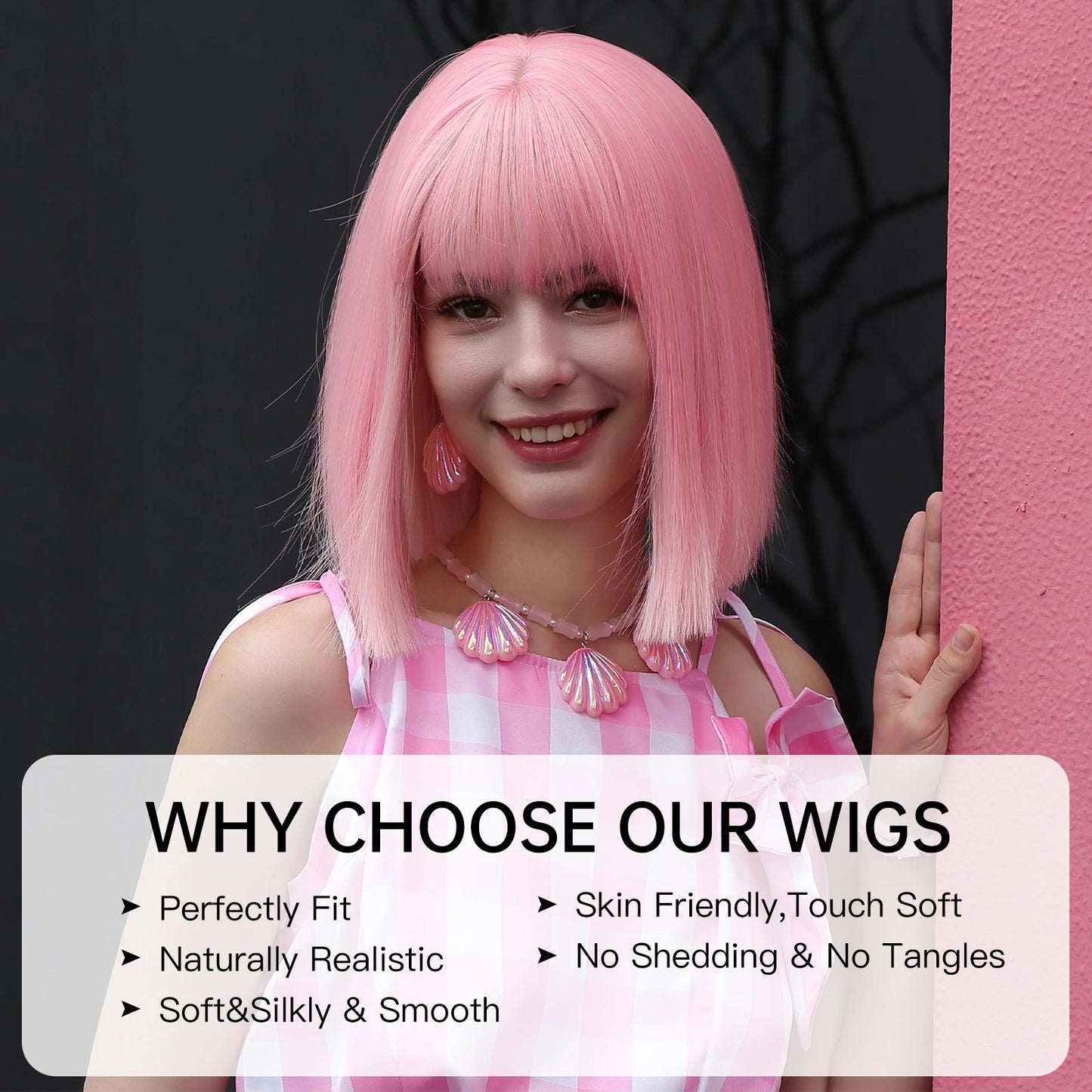 LOUIS FERRE Short Light Pink Bob Wigs With Bangs Natural Synthetic Wigs for Women Daily Cosplay Hair Heat Resistant Fibre Wig