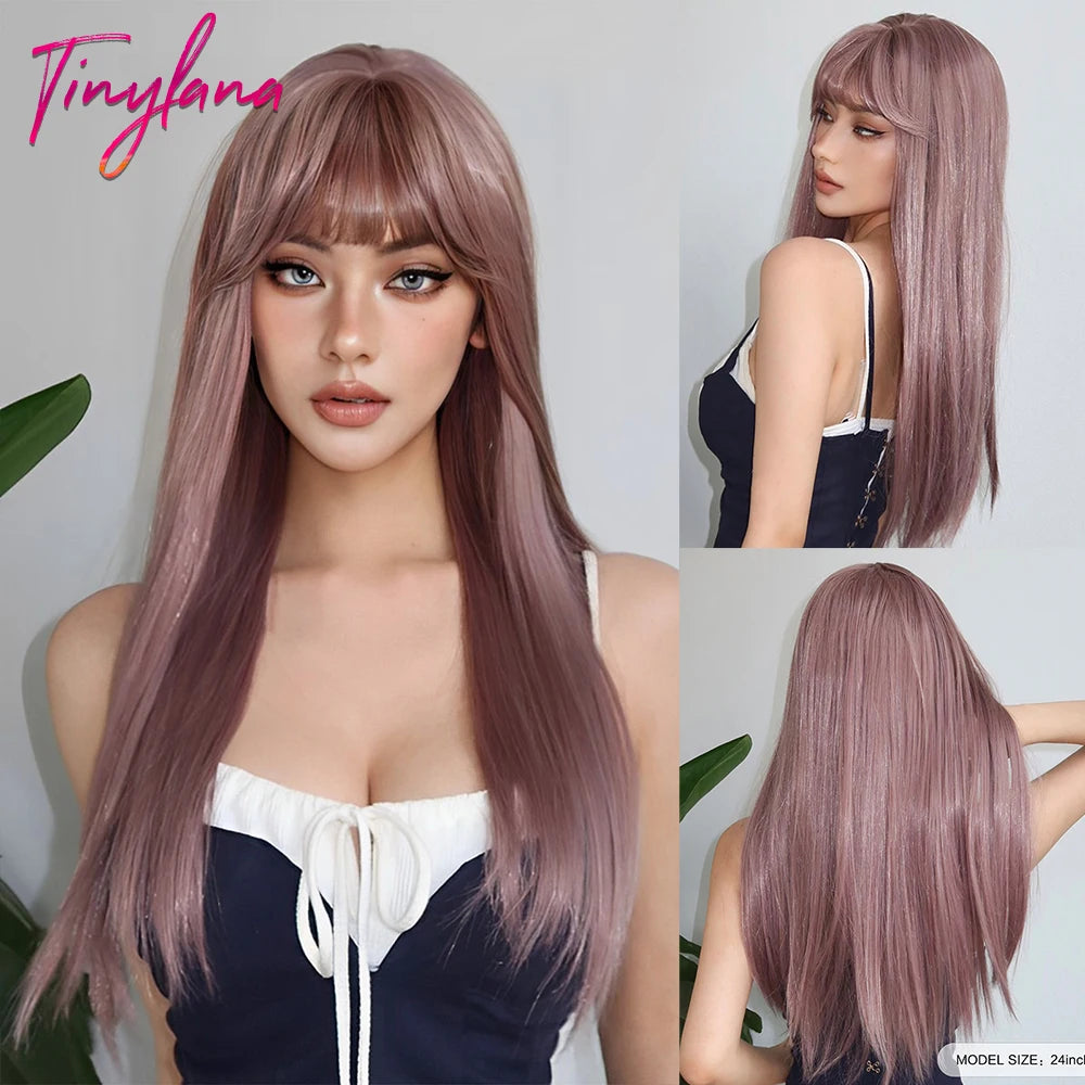 Ombre Gray Brown Synthetic Wigs Long Straight Ash Cosplay Wig with Bangs for Women Afro Natural Party Daily Heat Resistant Hair