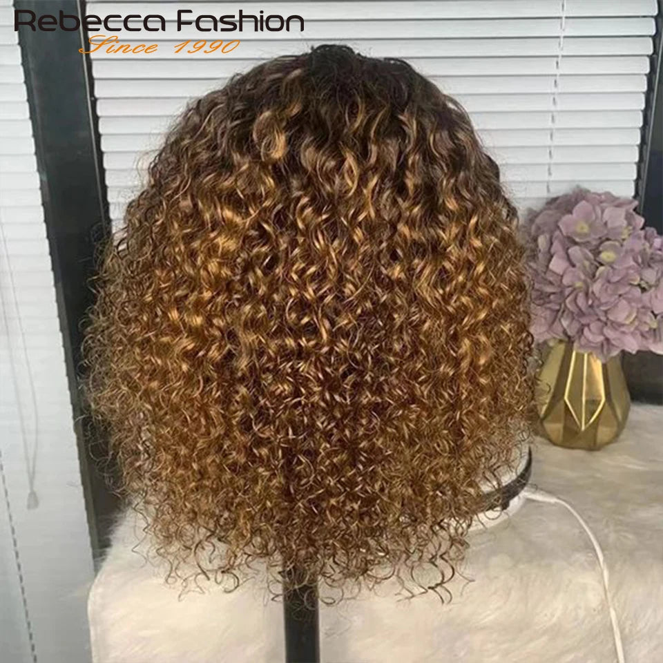 Jerry Curly Short Bob Human Hair Wigs With Bangs Wear To Go Glueless Wig Ombre 99J Water Wave Blonde Colored Wig For Women